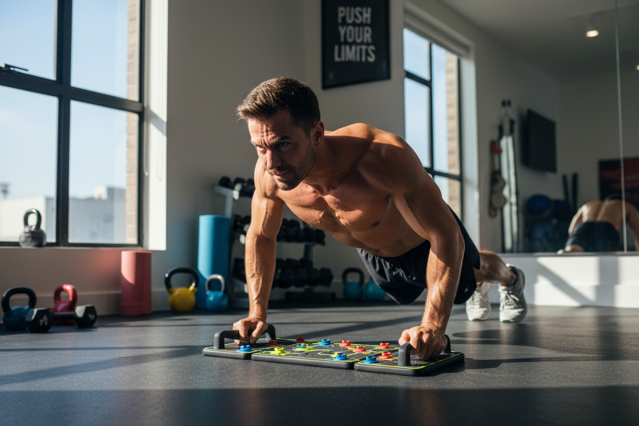Hombre atlético usando la tabla de flexiones