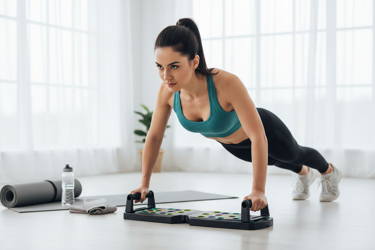 Mujer entrenando con push-up board